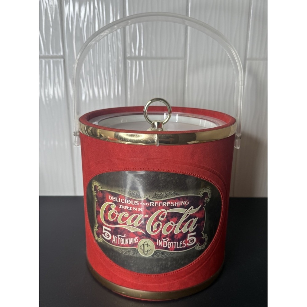 Vintage Coca-Cola Ice Bucket Red & Gold & Clear Acrylic Handle Made in USA EUC